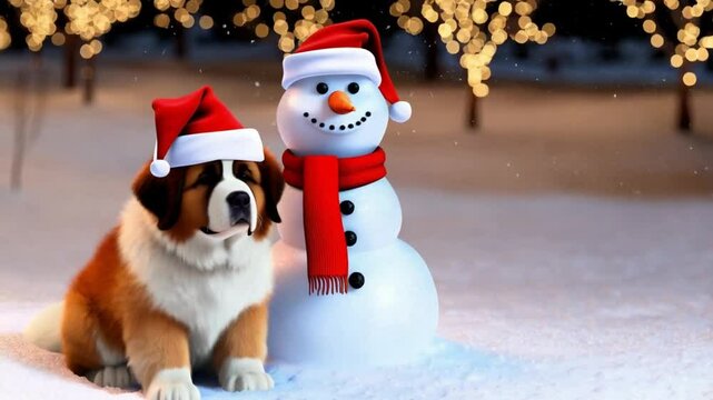 Festive winter scene featuring a Saint Bernard puppy in a Santa hat next to a snowman, surrounded by twinkling lights and snowflakes in a cozy, snowy Christmas setting. Video made using Generative AI.