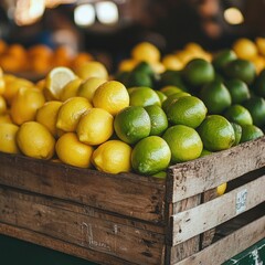 Fresh Citrus Display of Vibrant Lemons and Limes in Wooden Crate at Local Market, Showcasing the Colors and Textures of Juicy Fruits for Culinary Inspiration