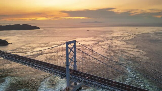 Onaruto Bridge connecting Awaji Island to Tokushima, Japan at dawn.