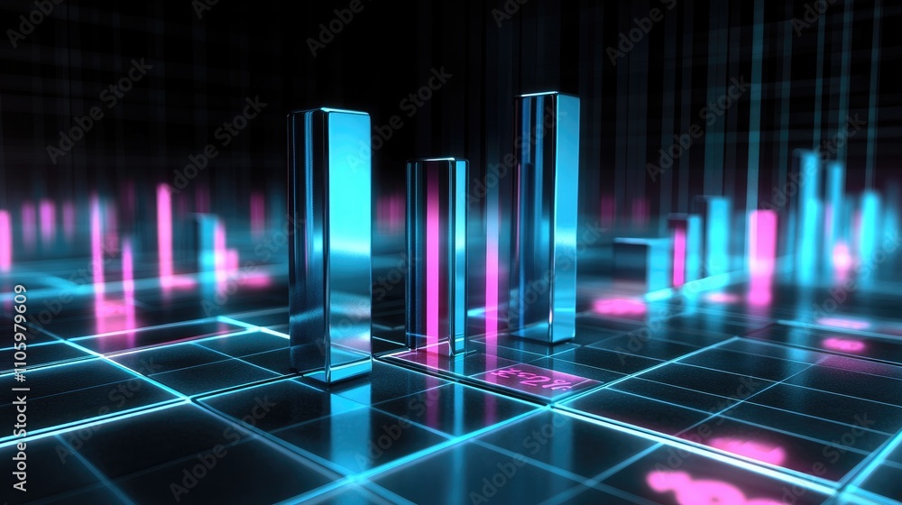 Poster a 3d bar chart with metallic, glowing bars of varying heights, representing financial performance, d