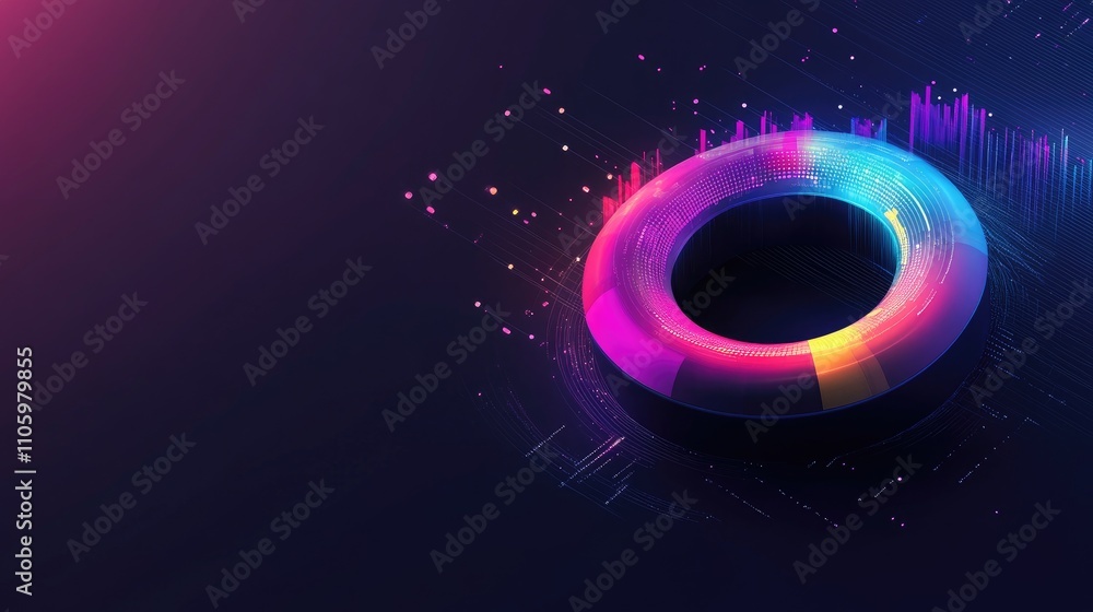 Poster a 3d donut chart with vivid color segments spinning in space, showcasing data insights, against a mi