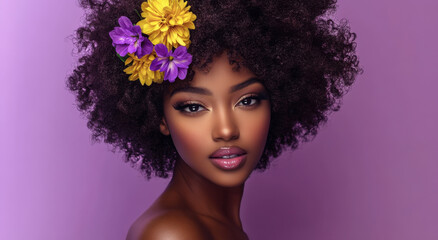 Glamorous close-up of a woman with vibrant pink makeup, glossy lips, and afro curls, exuding elegance against a soft pink background