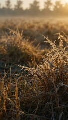 Obraz premium Dry grass in a foggy field at dawn with dewdrops and cobwebs.