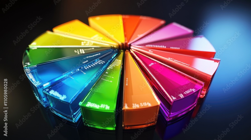 Poster a 3d exploded pie chart with each segment floating apart from the center, vividly colored and illumi