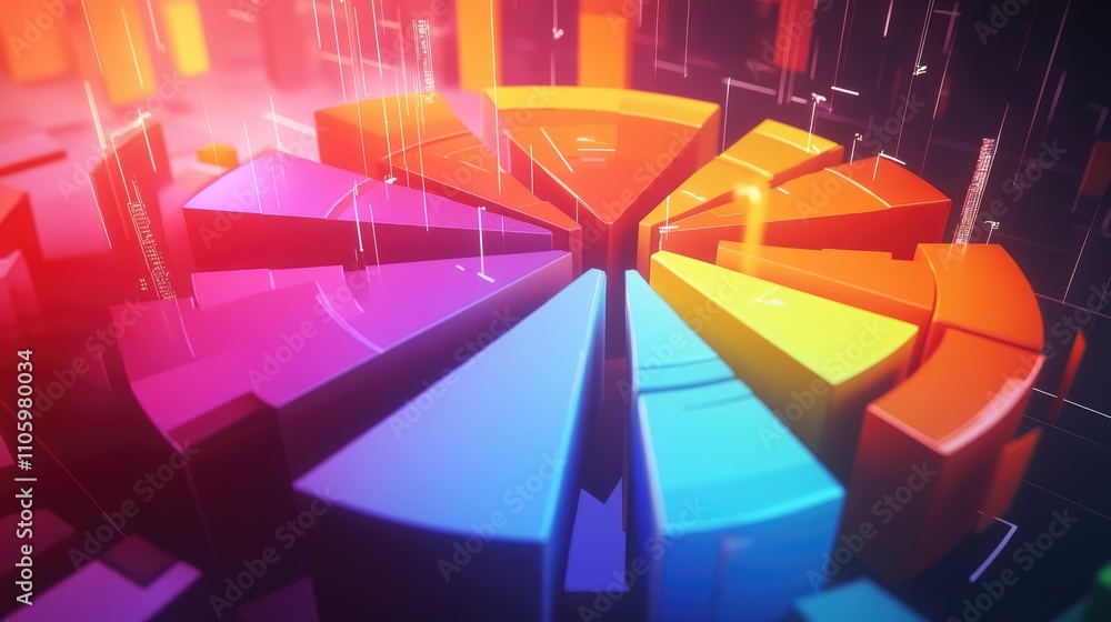 Fototapete a 3d exploded pie chart with each segment floating apart from the center, vividly colored and illumi
