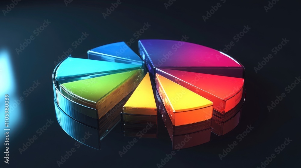 Poster a 3d exploded pie chart with each segment floating apart from the center, vividly colored and illumi