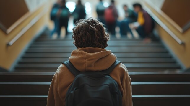 Student Ascending School Staircase Backpack Education Alone Journey