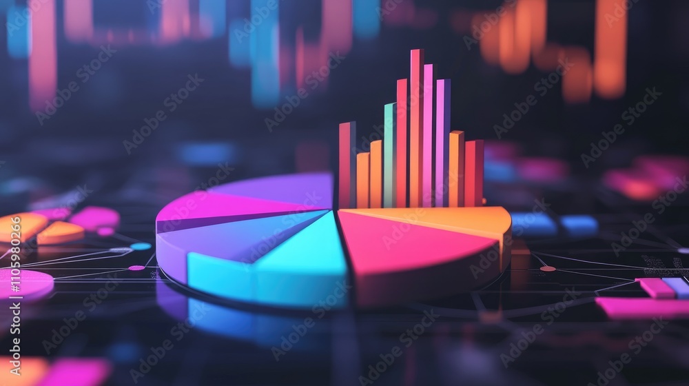 Poster a 3d pie chart floating in a digital space with each segment vividly colored and detached, symbolizi