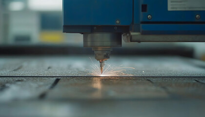 Precision laser cutting machine in action, sparks flying from metal sheet. Industrial technology, manufacturing process.