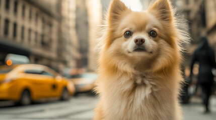 Fototapeta premium A delightful Pomeranian poses confidently in an urban setting, surrounded by city life. Its fluffy coat and captivating gaze add charm to this bustling environment.