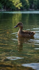 Obraz premium Duck family swimming near lake shore.