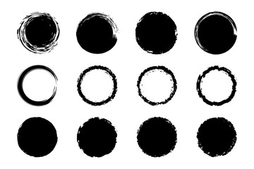 Round brush stroke. Set of grunge black spots. Frame for ink stamp. Grunge Japanese zen circles for design.