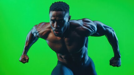 An athlete showcasing power and agility in CrossFit routines, set on a sleek green screen for interactive content
