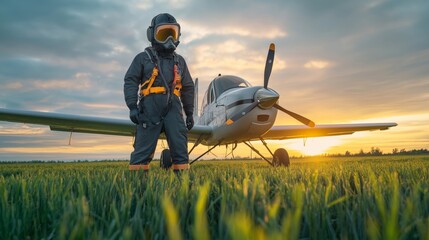 Aviator Stands Confidently in Front of Small Plane During Sunset in Open Field: Aviation Adventure, Pilot Gear, and Travel Themes