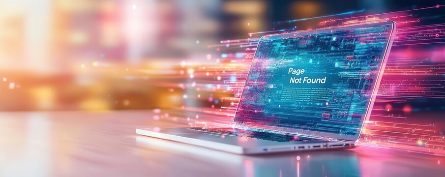 "Page Not Found" error with a broken computer screen illustration, emphasizing website technical difficulties