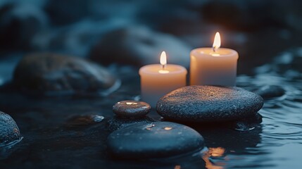Serene Candles, Smooth Stones, Tranquil Water, Peaceful Night