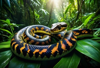 Fototapeta premium Colorful snake resting on lush green leaves in a dense tropical rainforest during daylight