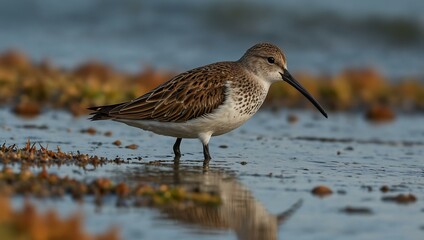 Obraz premium Dunlin bird along the autumn migration shore.