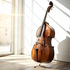 A double bass with warm wood tones, standing tall, producing deep,