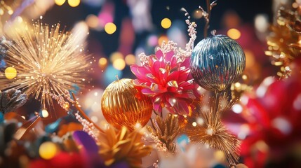 an image with elegant New Year decorations, featuring the phrase Happy New Year Wishing You and Happiness in festive, bold typography, surrounded by colorful fireworks and joyful elements