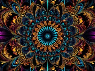 Abstract floral design featuring vibrant colors and intricate patterns in a symmetrical layout