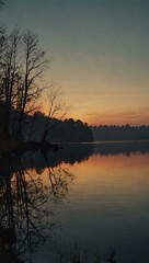 Obraz premium Dusk scene by a lake, with mournful imagery.