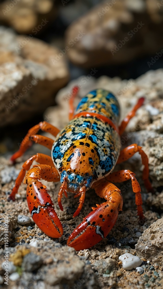 Aufkleber dwarf lobster crawling on rocks, showcasing colorful shell patterns.