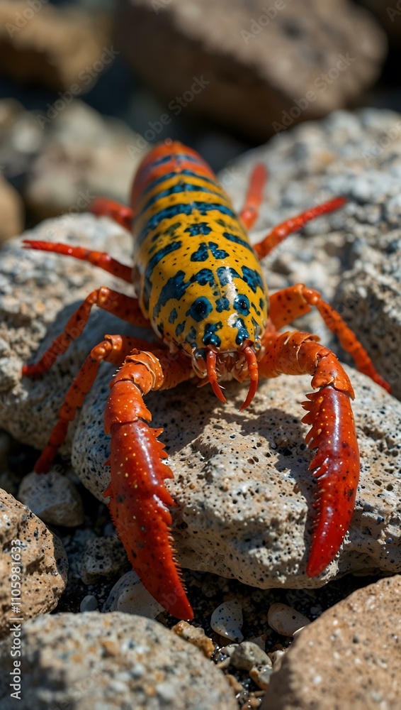 Poster dwarf lobster crawling on rocks, showcasing colorful shell patterns.