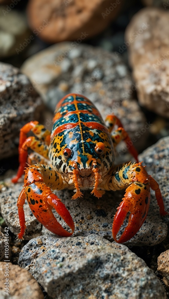 Poster dwarf lobster crawling on rocks, showcasing colorful shell patterns.