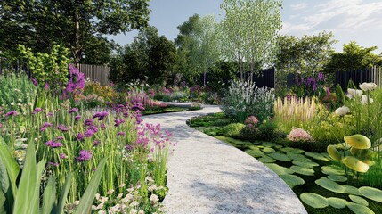 Serene Garden Path Winding Through Lush Floral Landscape