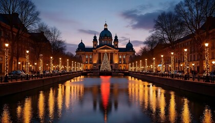 Obraz premium A wide-angle shot of the Rijksmuseum in Amsterdam at twilight, framed by festive holiday lights