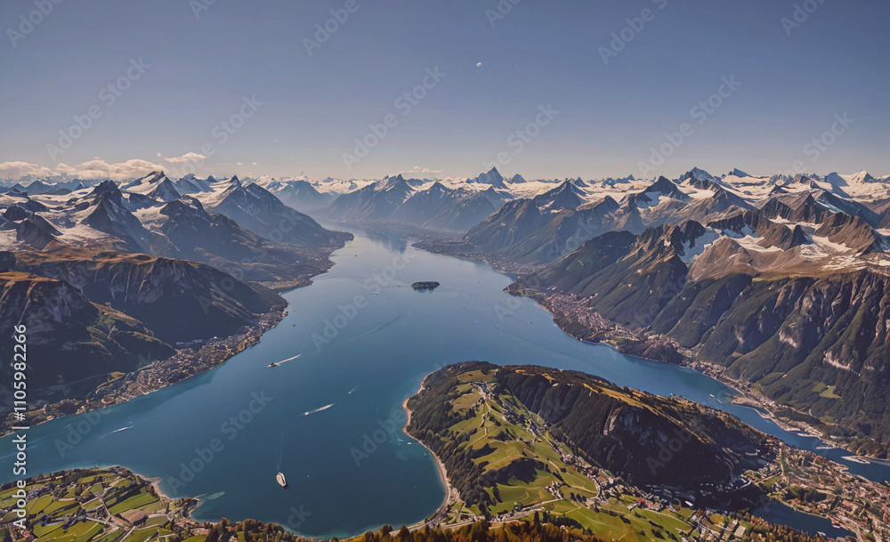 Aufkleber Mountain range with a lake in the middle. The lake is surrounded by mountains and has a small island in the middle