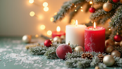 A cozy arrangement featuring glowing candles, red and gold ornaments, and warm lights, creating an inviting Christmas atmosphere.