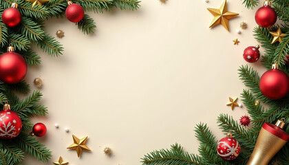 A charming festive frame adorned with red and gold ornaments, perfect for holiday greetings and cards.