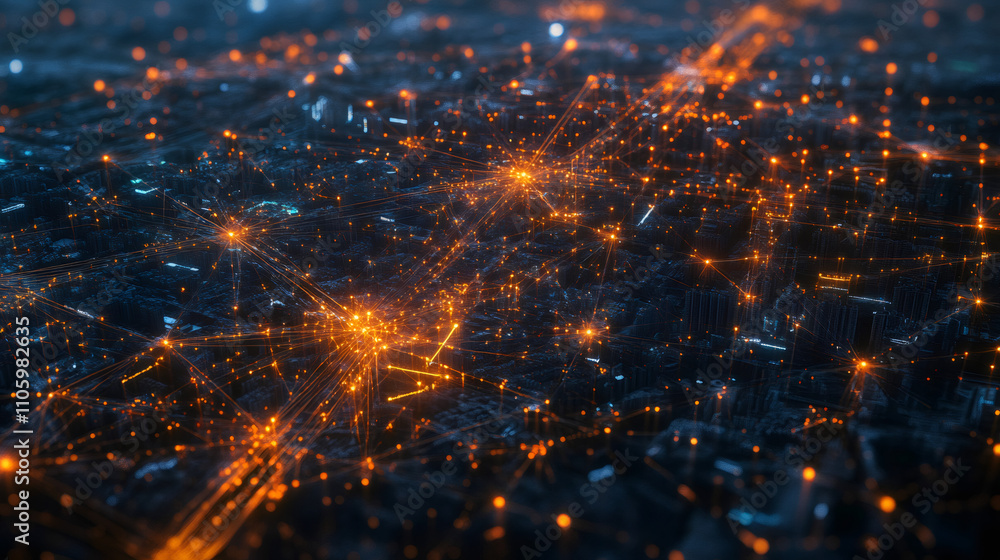 Aufkleber Futuristic urban data flow and network communication depicted by orange lines connecting points of light over a dark cityscape