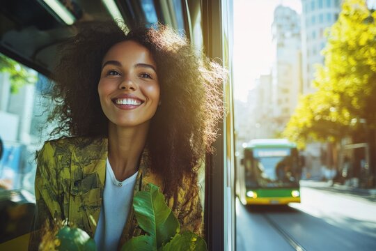 Urban transit campaign with electric buses in a cityscape, promoting public transport as an eco-friendly choice, people smiling, green message for reducing carbon footprint