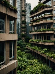 Fototapeta premium Dystopian city reclaimed by evolving plants.