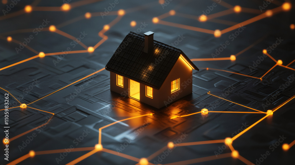 Poster glowing tiny house on a dark circuit board symbolizing smart home technology and automation