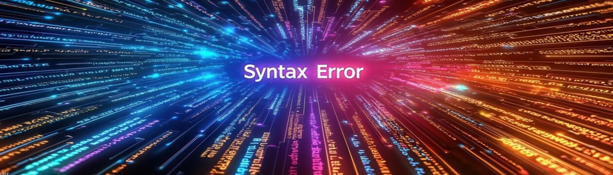 Code editor screen with error highlights and "Syntax Error" bolded, sleek and technical aesthetic