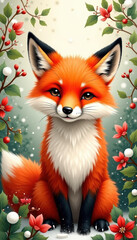 Obraz premium Lovely Christmas card depicting a playful fox set against a backdrop of vibrant flowers, ideal for celebrating the festive season.