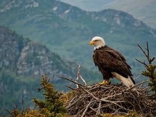 Fototapeta premium Eagle on its nest atop a mountain.