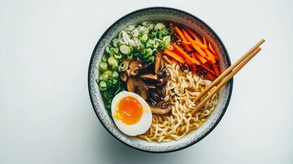 A beautifully styled ramen bowl with vibrant toppings like bamboo shoots, mushrooms, and a soft-boiled egg, creating an inviting presentation against a white backdrop