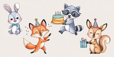 Naklejka premium Woodland Animal Celebration with Five Cute Creatures