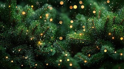 Close-up of fir branch with dew and lights in background. Christmas concept