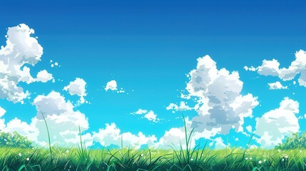 Blue Sky and White Clouds with Grass Background Image