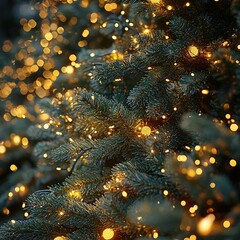 Fototapeta premium Close-up of fir branch with dew and lights in background. Christmas concept