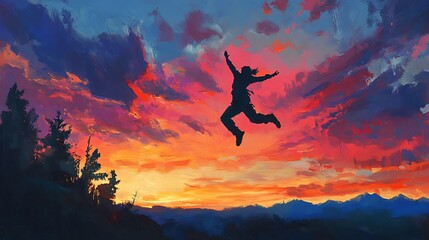 Obraz premium Silhouette of a Person Joyfully Leaping at Sunset