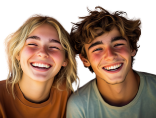 Non-Binary Individual with Male Friend.  Laughing, Eyes Closed.  LGBTQ+ Diversity and Inclusion.  Isolated White or Transparent Background.