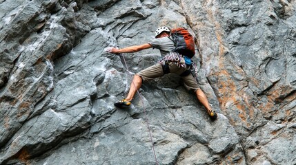 A climber carefully descending a rock face, illustrating challenge and outdoor activity