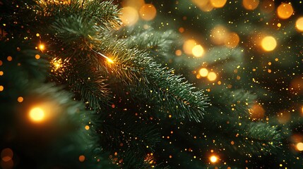 Close-up of fir branch with dew and lights in background. Christmas concept